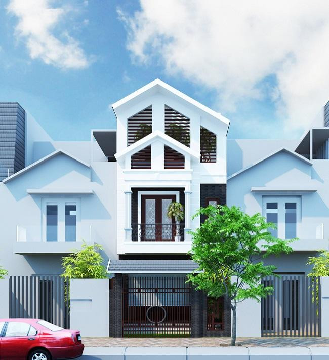 Nhà ống mái thái nổi bật nhờ màu sơn trắng tinh khôi. Ảnh: Wedo.