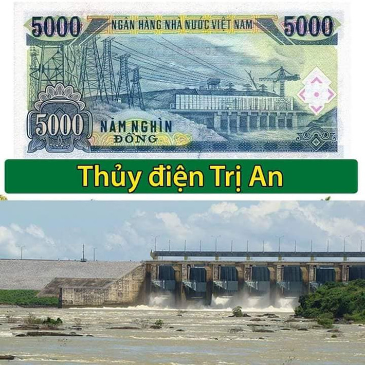 Nhà máy thủy điện Trị An (trên sông Đồng Nai) được in lên tờ tiền giấy 5.000 đồng.