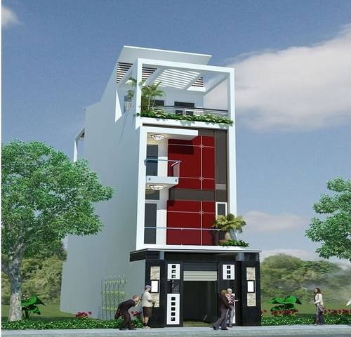 Mẫu nhà ống 3 tầng 1 tum mặt tiền 3,5m x 10m thiết kế theo phong cách hiện đại có sảnh trước, ban công tầng 2. Ảnh: Thietkenhadepmoi.