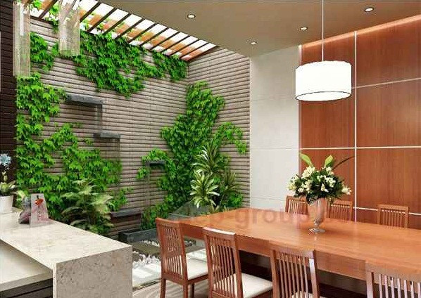 Nếu giếng trời bên cạnh phòng ăn (thuộc Mộc), thì có thể dùng cây cảnh, suối nước để có Mộc và Thủy tương sinh trong nhà.
