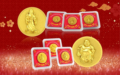 Đồng vàng 999.9 Thần Tài Đại Phất, Thần Tài Thịnh Vượng thiết kế đẹp mắt mang ý nghĩa phong thủy được nhiều người quan tâm. Ảnh: Doji.