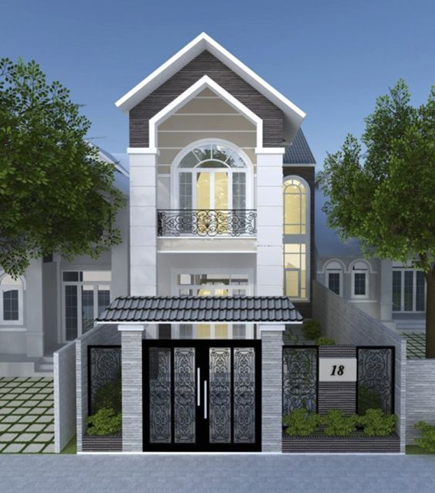 Nhà ống 2 tầng có gác lửng được thiết kế hiện đại với tông trắng xám chủ đạo. Ảnh: Thietkenoithat.