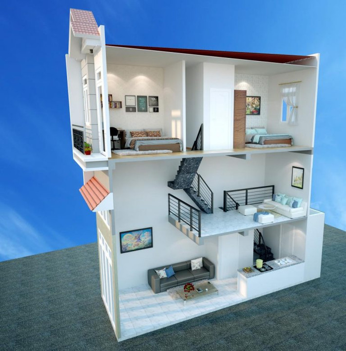Mẫu nhà ống 2 tầng gác lửng đảm bảo sự hài hòa về màu sắc với nội thất. Không gian các tầng được chuyển tiếp một cách nhịp nhàng, tạo cảm giác thoáng đạt. Ảnh: Nhadep.