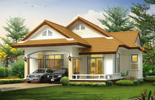 Kiểu mái chữ A và mái hiên trước rộng đã tôn thêm nét đẹp tinh tế, sang trọng và cực kỳ thu hút của mẫu biệt thự 1 tầng. Ảnh: Wedo.