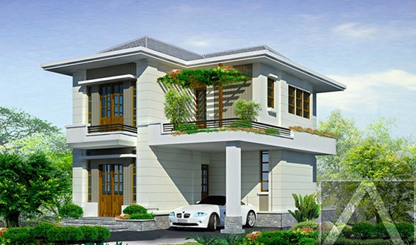 Biệt thự 2 tầng dáng chữ L với kiến trúc ngoại thất đơn giản, nhiều cây xanh. Ảnh: Kientrucsuvietnam.