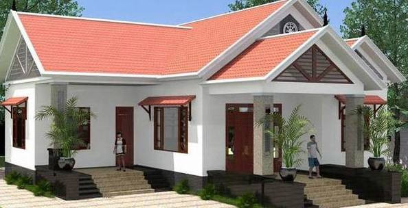 Nhà cấp 4 chữ L là sự kết hợp hoàn hảo giữa mái thái với tone màu tươi sáng. Phần mái thái che sảnh chính giúp nhà mát hơn vào mùa hè. Ảnh: Wedo