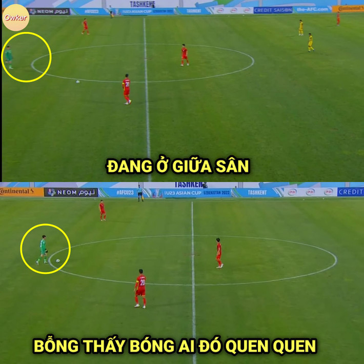 Thủ môn Văn Chuẩn lên tận giữa sân để phối hợp với đồng đội.