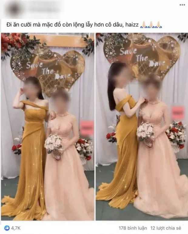 Cô nàng trong ảnh cũng từng nhận nhiều "gạch đá" vì diện chiếc váy hết sức "ô dề". Thậm chí, cách tạo dáng của cô cũng bị cho là cố tình "dìm" cô dâu để bản thân nổi bật hơn.