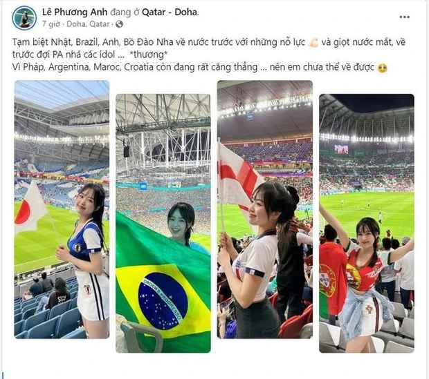 Rất nhiều người hâm mộ trên khắp thế giới đổ về Qatar để theo dõi World Cup 2022, trong đó có hot girl Lê Phương Anh từ Việt Nam. Cô nàng đã có mặt trên khán đài để xem trực tiếp các trận đấu tứ kết hấp dẫn.