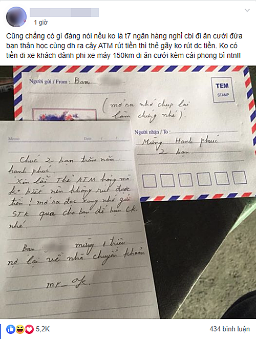 Sau khi tan làm, anh chàng ra cây ATM rút tiền để về ăn cưới thì thẻ bị gãy, cũng không có tiền mặt để đi xe khách nên Kiên đành phi xe máy 150km đi ăn cưới. Và cũng không còn tiền mừng cưới nên Kiên đã viết vấn đề của mình trong 1 tờ giấy rồi hẹn sẽ chuyển khoản mừng cưới 1 triệu đồng.