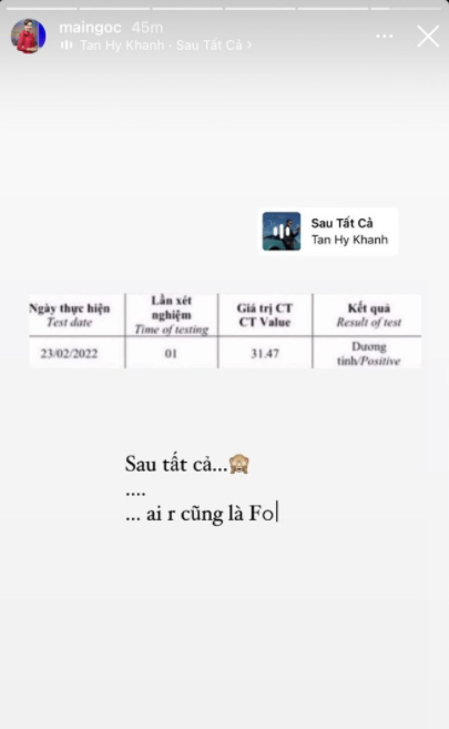 Cách đây 1 tuần, MC Mai Ngọc đã đăng tải nhiều dòng trạng thái thông báo các thành viên trong gia đình cô đều nhiễm COVID-19. Điều gì đến cũng phải đến, nữ MC sau đó cũng chính thức trở thành F0.