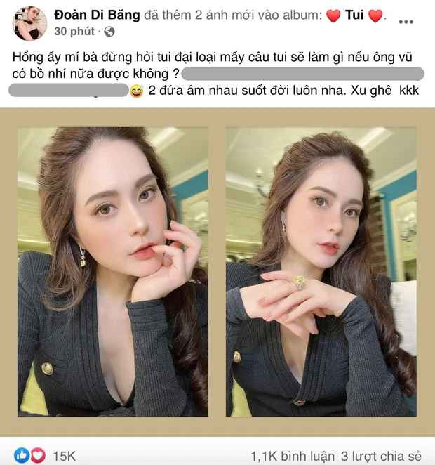 Đoàn Di Băng cho biết gần đây mọi người hay hỏi mình sẽ làm gì nếu chồng ngoại tình. Và câu trả lời của cô là đừng hỏi nữa vì 2 vợ chồng sẽ bên nhau suốt đời: "Hổng ấy mấy bà đừng hỏi tui đại loại mấy câu tui sẽ làm gì nếu ông Vũ có bồ nhí nữa được không? Hai đứa ám nhau suốt đời luôn nha".