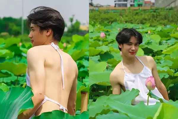 Trước đó, nhiều chàng trai cũng gây sốt khi mặc trang phục phụ nữ chụp ảnh bên đầm sen. Nhân vật trong bộ ảnh này là Nguyễn Tuấn Đạt.
