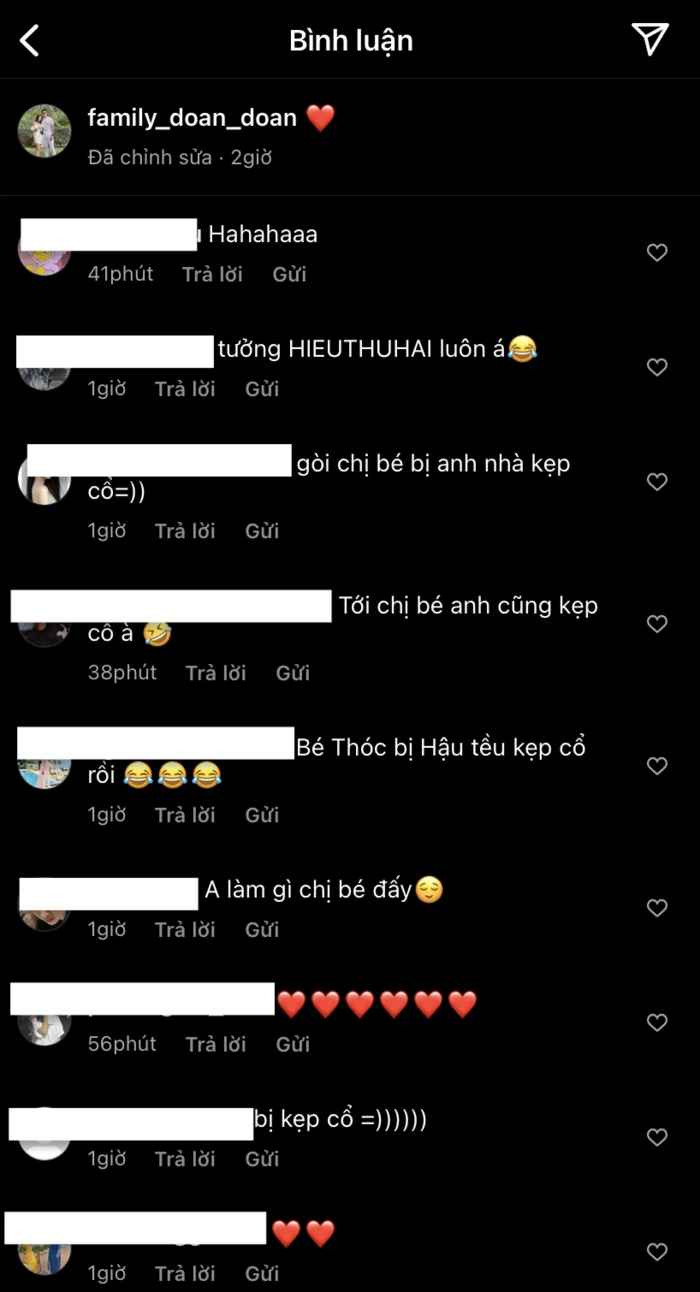 Các fan của cả hai bình luận: "Tới chị bé anh cũng kẹp cổ à?", "Gòi chị bé bị anh nhà kẹp cổ", "Anh làm gì chị bé đấy?", "Bé Thóc bị Hậu tều kẹp cổ rồi"...