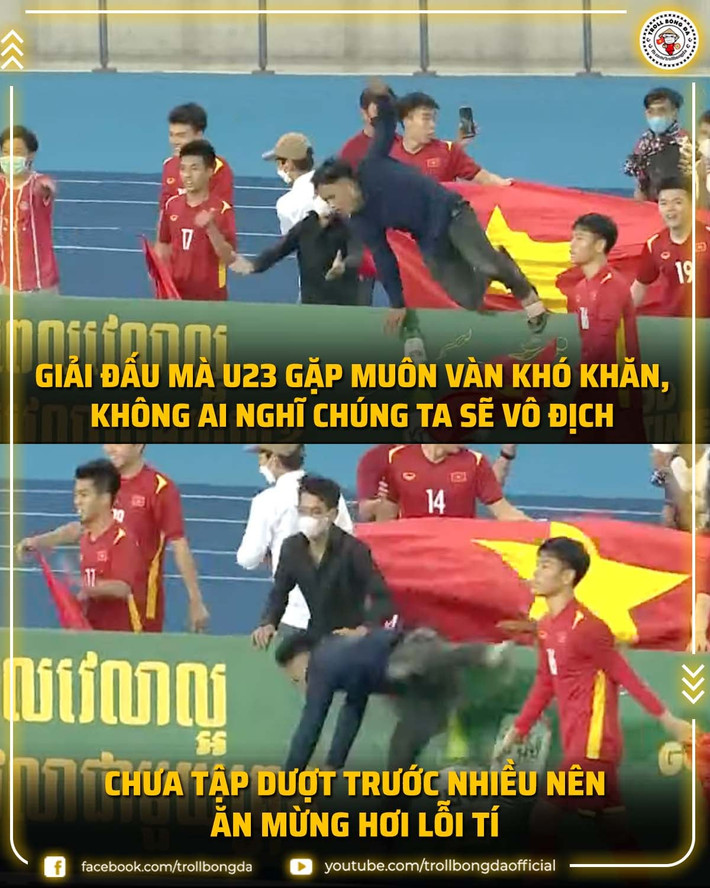 Chưa được tập dượt trước giải nên vị CĐV này có màn ăn mừng hơi lỗi sau chiến thắng của U23 Việt Nam.