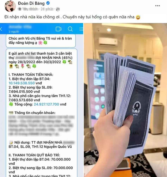 Khoe biệt thự đồi thông Đà Lạt cách đây không lâu, gần nhất đại gia quận 7 gây chú ý khi tậu cùng lúc 3 căn biệt thự. Cô nhắn nhủ ông xã: "Đi nhận nhà nữa kìa chồng ơi. Chuyến này tui hổng có quên nữa nha".