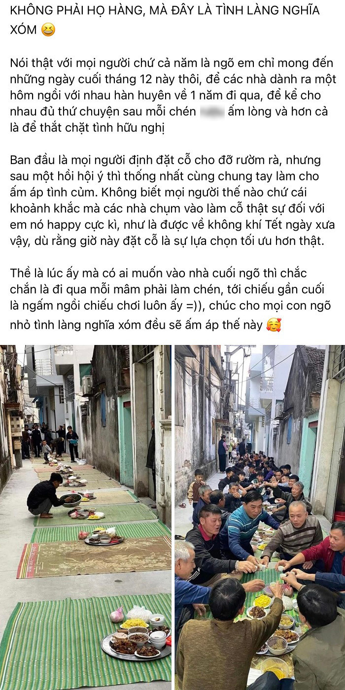 Mới đây, tài khoản T.H vừa đăng tải hình ảnh cả ngõ của mình quây quần bên nhau làm cỗ tất niên. Hình ảnh những chiếc chiếu được trải từ đầu ngõ đến cuối ngõ để bày cỗ nhanh chóng gây bão mạng xã hội.