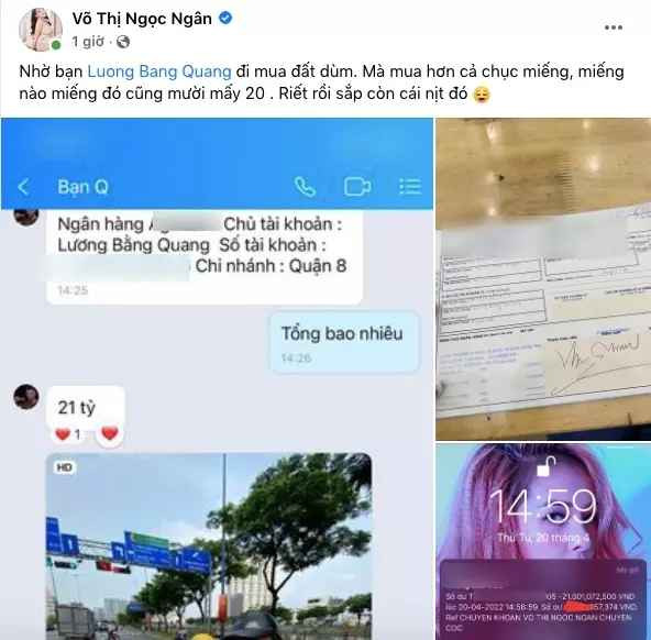 Ngân 98 than thở: "Nhờ bạn Lương Bằng Quang đi mua đất giúp. Mà mua hơn cả chục miếng, miếng nào miếng đó cũng mười mấy 20. Riết rồi sắp còn cái nịt đó".