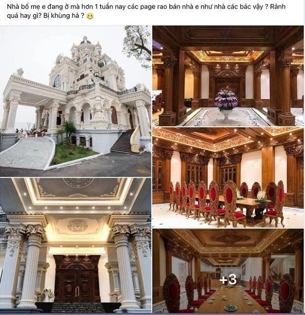 Cụ thể, kèm hình ảnh về tòa lâu đài là dòng caption “thật trân”: “Do gia chủ, con cái đi du học và định cư bên Mỹ, ở nhà có hai vợ chồng già nên cũng muốn sang sống cùng con và muốn sang nhượng lâu đài. Vị trí hướng Tây Nam. Căn nhà hợp với 12 con giáp. Giá 599 tỷ đồng có gia lộc".