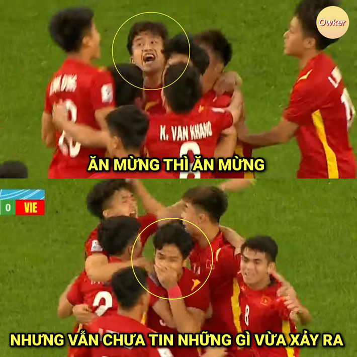 Bức ảnh chế, chưa kịp chạy "nóng máy" Duy Cương đã được ăn mừng bàn thắng của U23 Việt Nam.