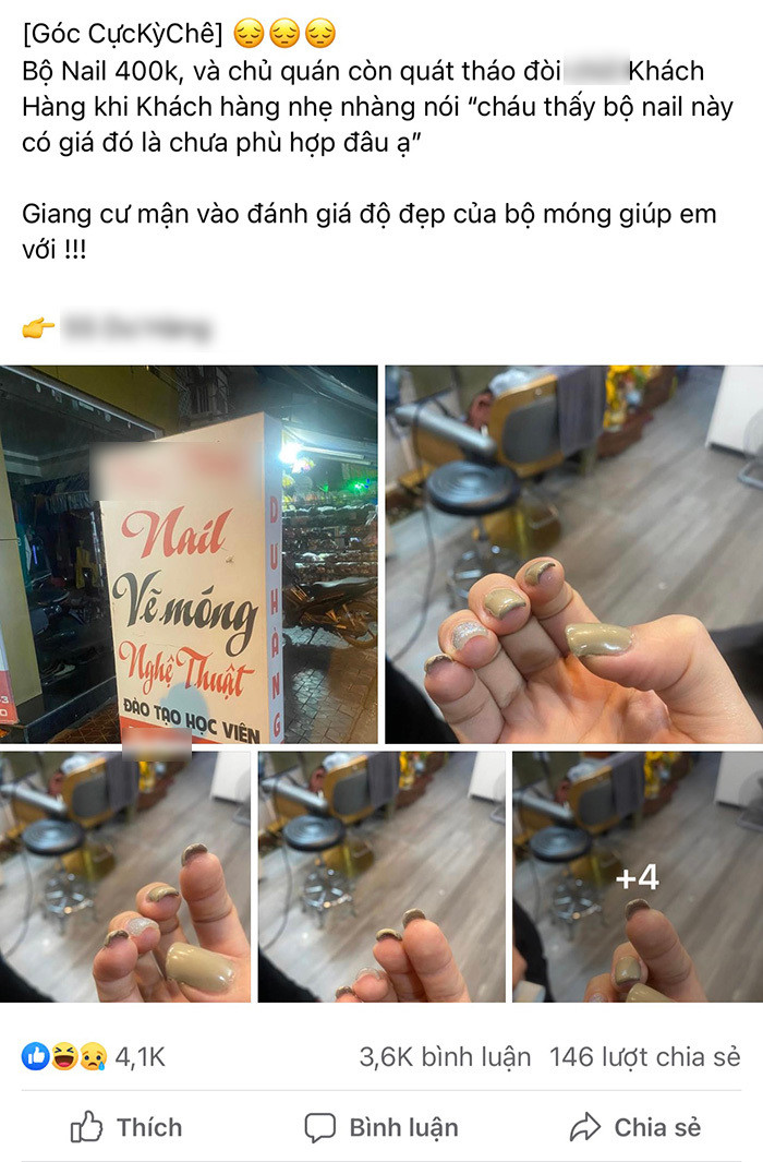 Cụ thể, tài khoản Q.P đăng tải hình ảnh chụp cận cảnh bộ nail mới làm xong của mình kèm dòng trạng thái: “Góc cực kỳ chê. Bộ nail 400.000 đồng và chủ quán còn quát tháo đòi *** khách hàng khi khách hàng nhẹ nhàng nói “cháu thấy bộ nail này có giá đó là chưa phù hợp đâu ạ”. Giang cư mận vào đánh giá độ đẹp của bộ móng giúp em với.”