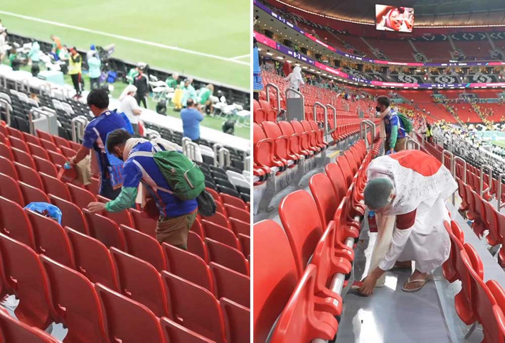 Trong World Cup năm 2018 tại Nga, người hâm mộ Nhật Bản cũng đã khen ngợi vì hành động tương tự.