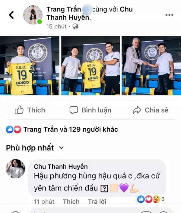 Chia sẻ của Nguyễn Quang Hải lập tức gây chú ý. Rất nhiều người hâm mộ, bạn bè, người thân,... vào gửi lời chúc mừng. Nổi bật trong số đó có cựu mẫu Trang Trần.