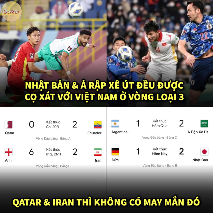 Bức ảnh chế lý do Nhật Bản và Saudi Arabia có thể chiến thắng trước Đức và Argentina đó là được cọ xát với ĐTQG Việt Nam ở vòng loại thứ 3 World Cup 2022. Còn Qatar và Iran không có điều trên nên đã thua.