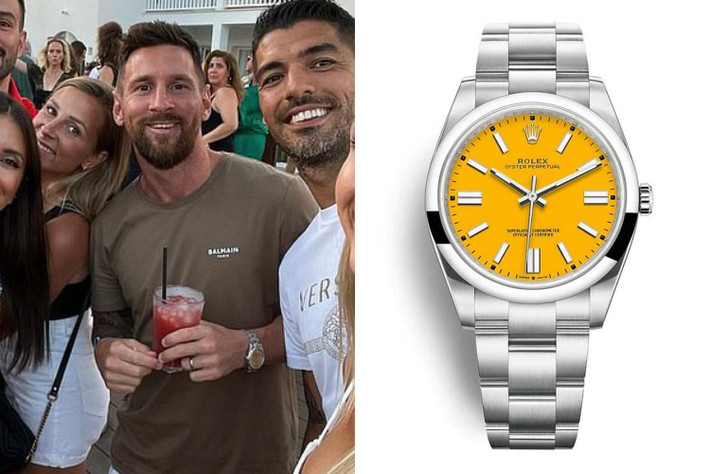 Trong chuyến trở lại Ibiza (Tây Ban Nha), Messi đeo chiếc Rolex Oyster Perpetual 41mm đã ngừng sản xuất với mặt số màu vàng có giá 6.150 USD. Ảnh: Wristenthusiast