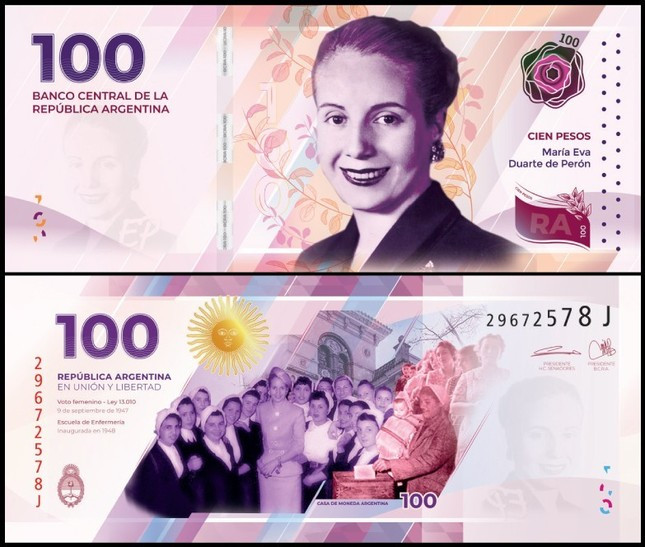 Đồng 100 peso của Argentina để tôn vinh bà Eva Peron. Ảnh: Thesun