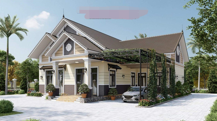 Nhà cấp 4 có sân vườn và gara ô tô với thiết kế vô cùng đẹp mắt, dành cho những gia chủ muốn tránh cuộc sống khói bụi thành phố. Ảnh: Âu Việt FS
