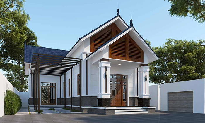 Ưu điểm của mẫu nhà cấp 4 mái thái là tổng thể mới mẻ, không gian kiến trúc ngoại thất đẹp mắt và đảm bảo độ bền lâu dài. Ảnh: Cafeland