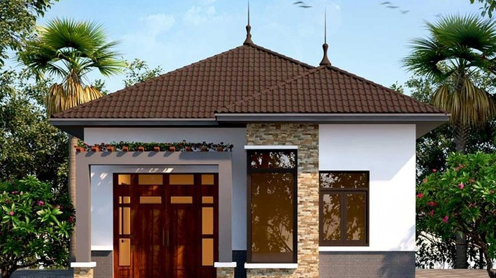 Ngôi nhà có thiết kế nhỏ gọn gồm 2 phòng ngủ, 1 phòng khách, 1 bếp phù hợp những gia đình ở nông thôn có ít thành viên. Ảnh: Houseviet