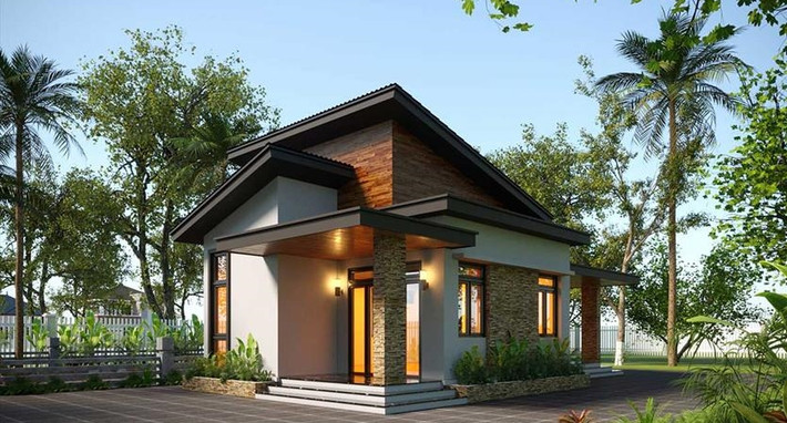 Lấy ý tưởng từ sắp xếp các hình khối nhưng mẫu nhà cấp 4 vẫn không gây cảm giác thô cứng mà ngược lại rất hài hòa, lung linh huyền ảo. Ảnh: Houseviet