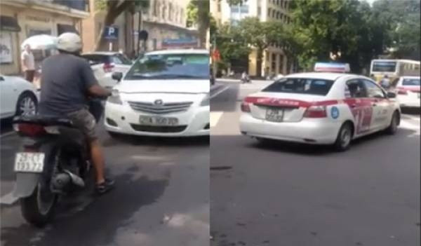 Ngày 21/8, mạng xã hội lan truyền đoạn video chia sẻ trên Otofun, quay lại cảnh người đàn ông đi xe máy cương quyết không nhường đường cho chiếc taxi chạy ngược chiều. Người này ép tài xế taxi phải lái xe đi lùi hàng chục mét. Sau đó, taxi quay đầu và chuyển đi đường khác. Vụ việc xảy ra trên đường Hai Bà Trưng, Hà Nội gây chú ý cộng đồng. Ảnh cắt từ clip.