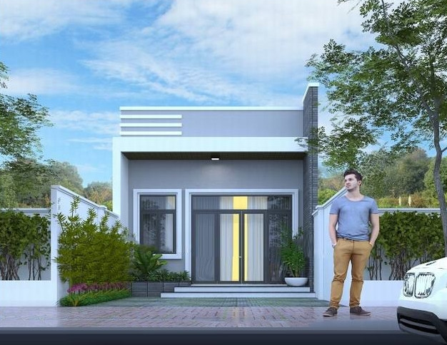 Nhà cấp 4 mái bằng thiết kế gọn gàng, có khối đua ra phía trước giúp hạn chế được tình trạng hắt nắng, hay mưa. Ảnh: Wedo