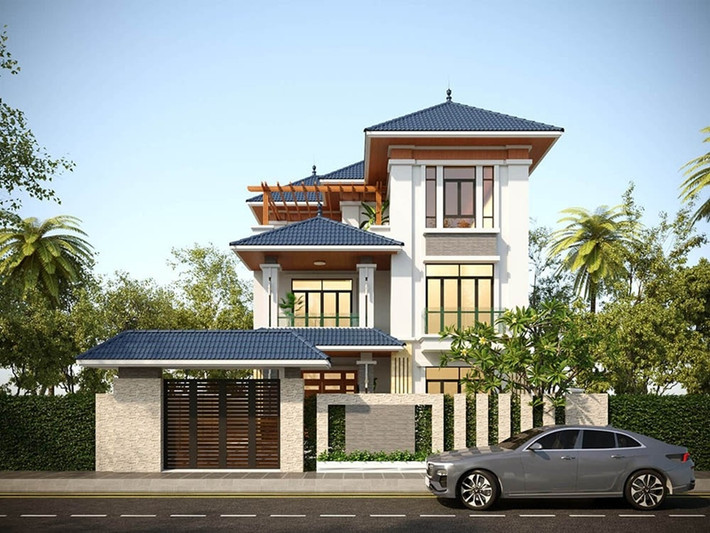 Nhà 3 tầng mái Nhật có bố cục hợp lý từ hình khối cho tới màu sắc. Với diện tích rộng, kiến trúc sư thiết kế theo kiểu nhà vườn. Ảnh: Wedo