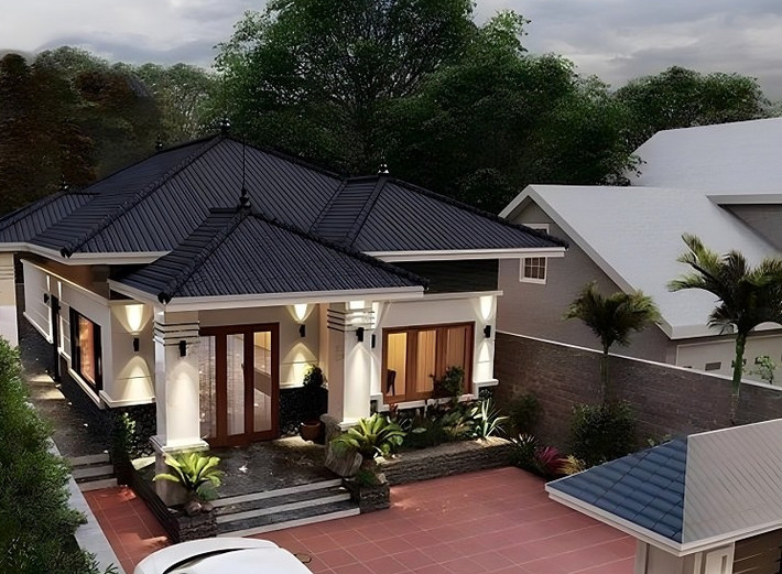 Nhà mái Nhật 1 tầng 2 mặt tiền, được áp dụng cho những căn nhà có sân vườn rộng giúp dễ dàng tạo không gian mở. Ảnh: Vicohome