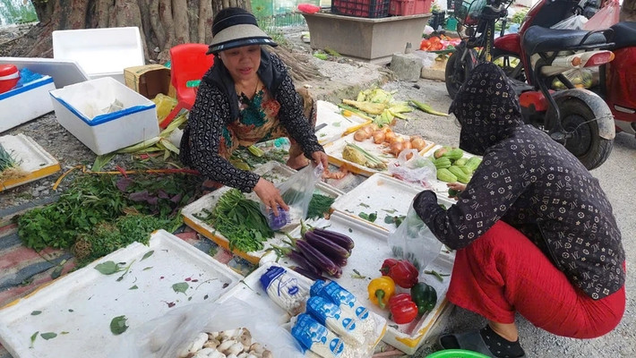 Tại chợ Cổng (phường Phú Lương, Hà Đông), nhiều tiểu thương bất ngờ khi thấy lượng khách hàng tăng lên đột biến. Do lượng hàng vẫn chỉ chuẩn bị như mọi ngày nên nhiều khách đến sau không có hàng để bán. Ảnh: Plo
