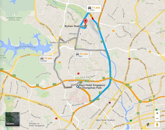 Từ khách sạn Days Hotel đến sân Bishan khoảng 7,3 km, mất 11 phút di chuyển bằng ôtô.