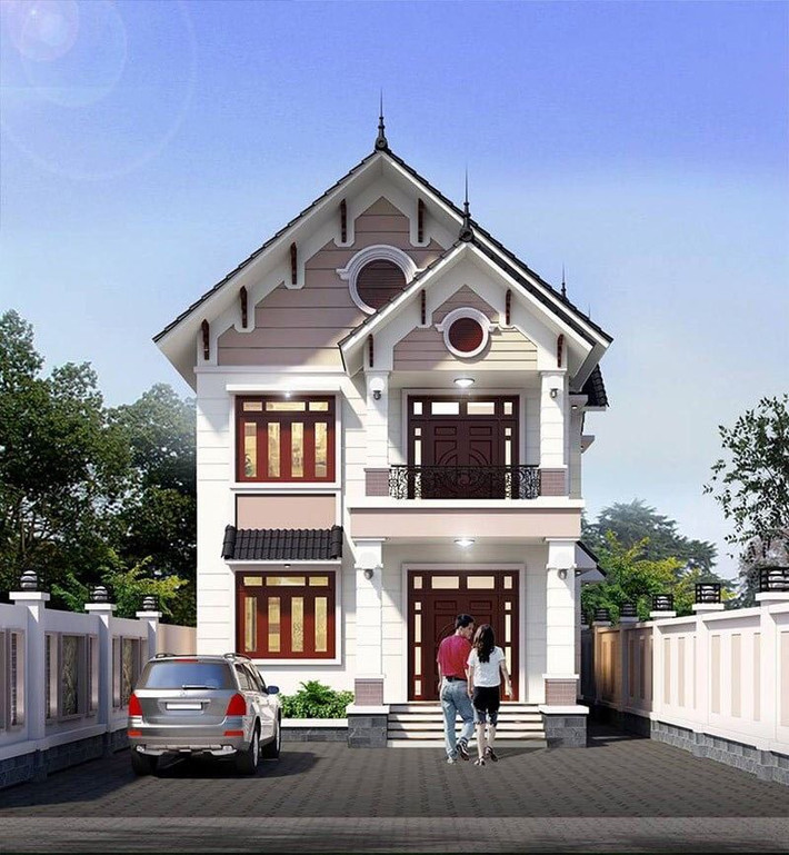 Mẫu nhà 2 tầng sử dụng gam màu trắng chủ đạo làm nổi bật những ô cửa gỗ nam phi nâu vương giả cùng hệ thống mái ấn tượng. Ảnh: Wedo
