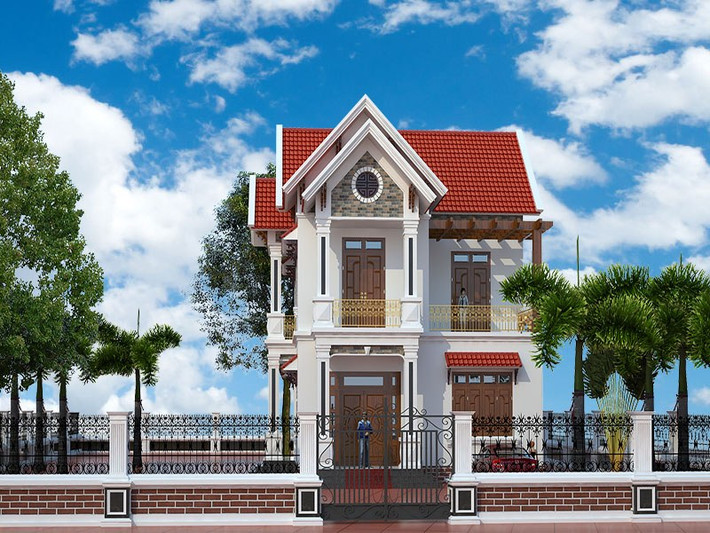 Nhà mái thái 2 tầng nổi bật với kiến trúc cân đối, cầu kỳ về hình khối tỷ lệ. Mái ngói độ dốc cao giúp thoát nước nhanh về mùa mưa. Ảnh: Wedo
