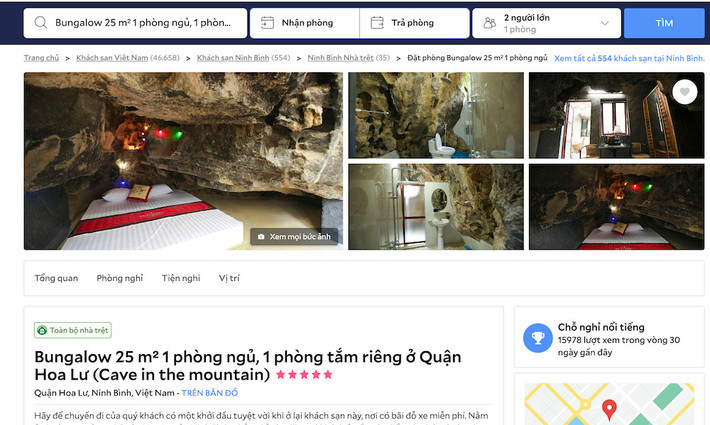 Theo thông tin đăng tải trên một website đặt phòng trực tuyến, đây là phòng dạng Bungalow, diện tích 25m2 ở huyện Hoa Lư (tỉnh Ninh Bình). Ảnh: Dân Việt