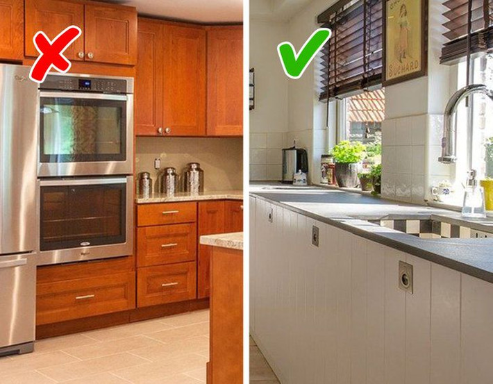Tủ bếp có cửa mở bằng cách nhấn vào hoặc có tay nắm tích hợp sẽ giúp mở rộng không gian ngôi nhà một cách trực quan.