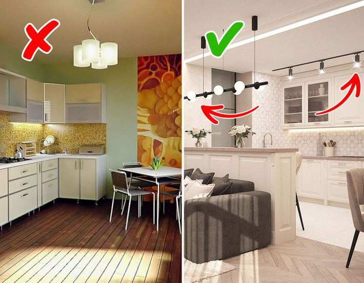 Thay vì đèn trần cổ điển, bạn có thể sử dụng chiếu sáng trong nội thất hiện đại. Với sự trợ giúp của các điểm nhấn ánh sáng được đặt chính xác, bạn có thể tạo ra bầu không khí ấm cúng cũng như phân vùng căn phòng một cách trực quan. Nguồn ảnh: Brightside.