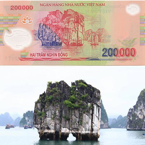 Địa danh in trên tờ 200.000 đồng là Hòn Đỉnh Hương - một hòn đảo nhỏ nằm ở khu vực phía Tây Nam của vịnh Hạ Long của tỉnh Quang Ninh – một trong 7 kỳ quan thiên nhiên thế giới đã được UNESCO công nhận.