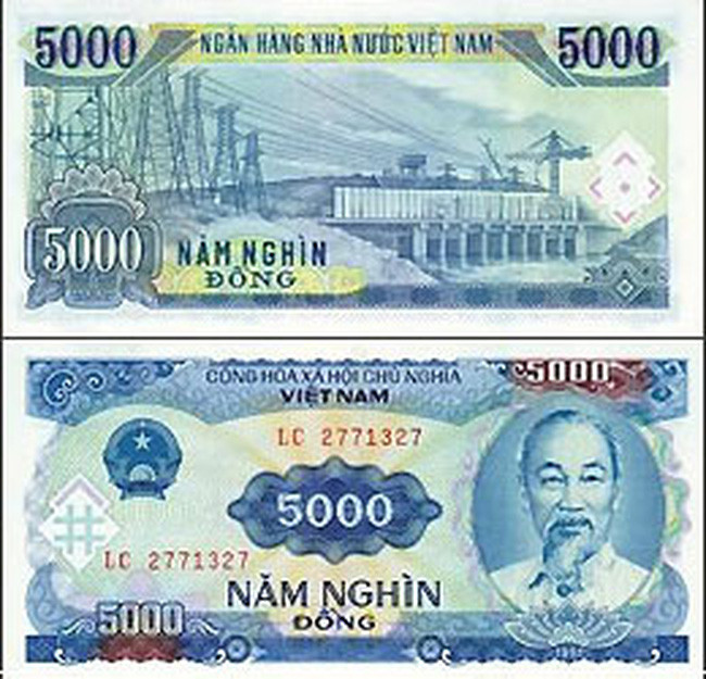 Tờ tiền 5.000 đồng là một trong số ít tiền Việt vẫn sử dụng chất liệu giấy cotton. Hình ảnh được in trên tờ tiền này là nhà máy thủy điện Trị An tại Đồng Nai. Nguồn ảnh: Internet