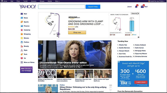 Trang Yahoo! năm 2016. Tháng 7.2016, Yahoo! chính thức rơi vào tay nhà mạng viễn thông Verizon của Mỹ với giá 4,83 tỉ USD.