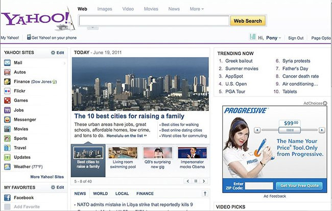 Trang Yahoo! năm 2011. Bên cạnh đó còn có nguyên nhân đến từ sự canh tranh của Google, Facebook và nhiều đối thủ khác.
