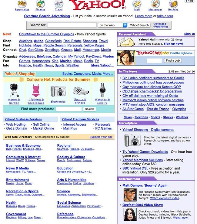 Trang Yahoo! năm 2004. Yahoo! Messenger từng là phần mềm không thể thiếu trên mọi chiếc máy tính có kết nối internet.